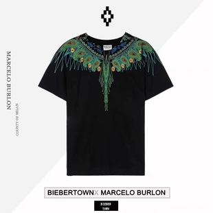 正品潮牌MarceloBurlon马塞洛布隆MB翅膀短袖T恤孔雀印花男女同款