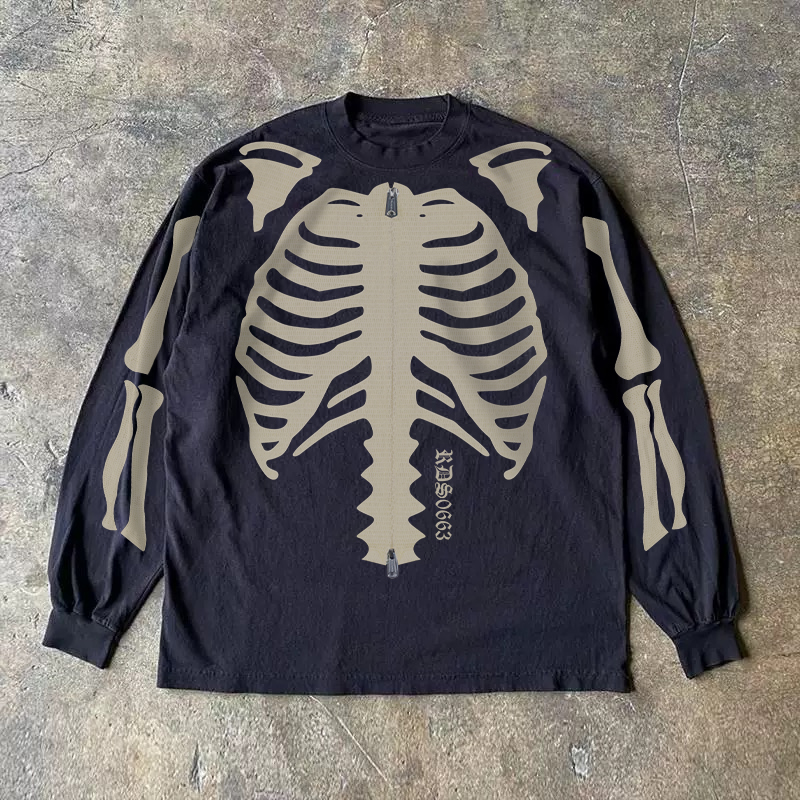 300克重磅！骷髅印花趣味设计感T恤长袖男女同款休闲上衣纯棉圆领