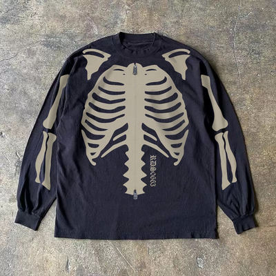 300克重磅！骷髅印花趣味设计感T恤长袖男女同款休闲上衣纯棉圆领