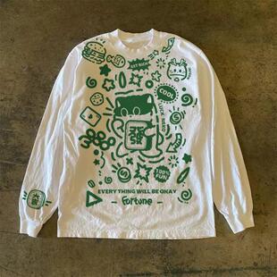 上衣装 300克重磅 宽松长袖 复古绿色涂鸦发财大吉T恤印花秋季 美式
