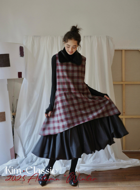 KIM Classic「Rug Edge」可拆卸毛领菱格拼接假两件背心花苞裙