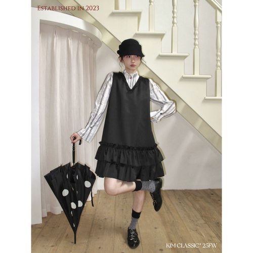 多层褶皱花边设计缎面背心裙