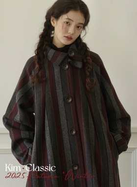 KIM Classic「Spelt」定制面料错位翻领复古条纹羊毛呢大衣