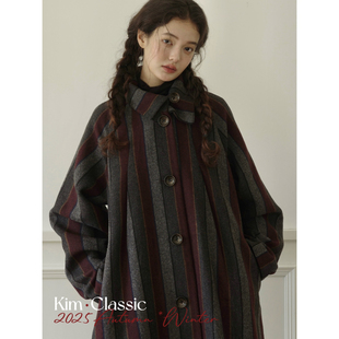 KIM Classic「Spelt」定制面料错位翻领复古条纹羊毛呢大衣