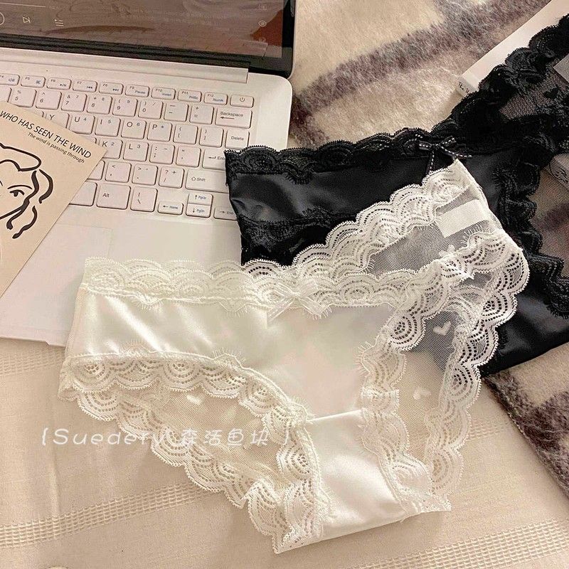 安然低语~温柔少女缎面蕾丝花边内裤女低腰爱心印花蝴蝶结三角裤