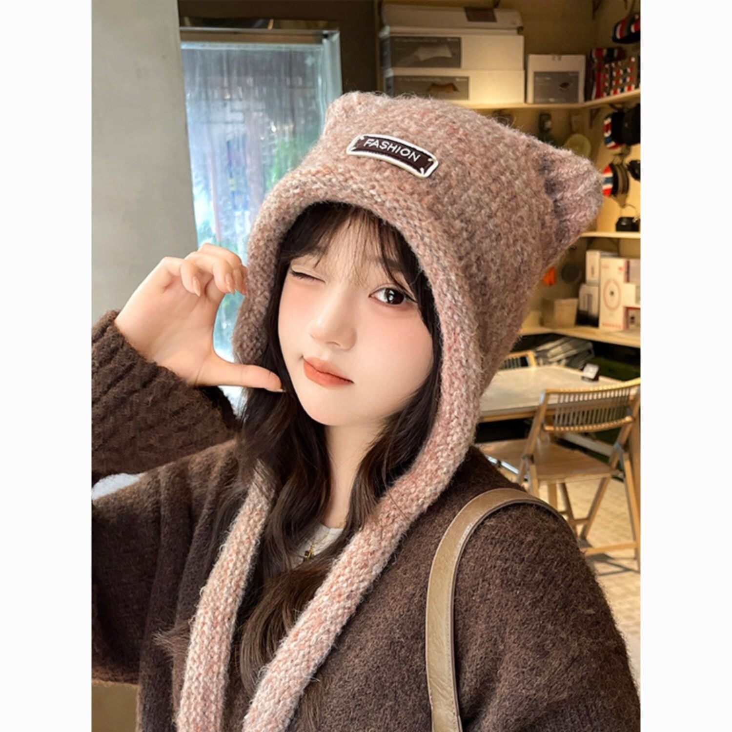 过冬帽子新款秋冬季毛线可爱小熊耳朵女大头围户外保暖防寒甜美针