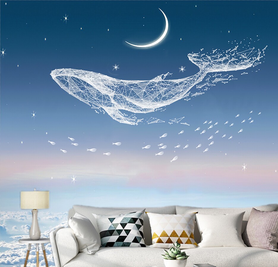 3d立体线条手绘鲸鱼墙纸客厅电视背景墙壁纸卧室抽象装饰壁画墙布