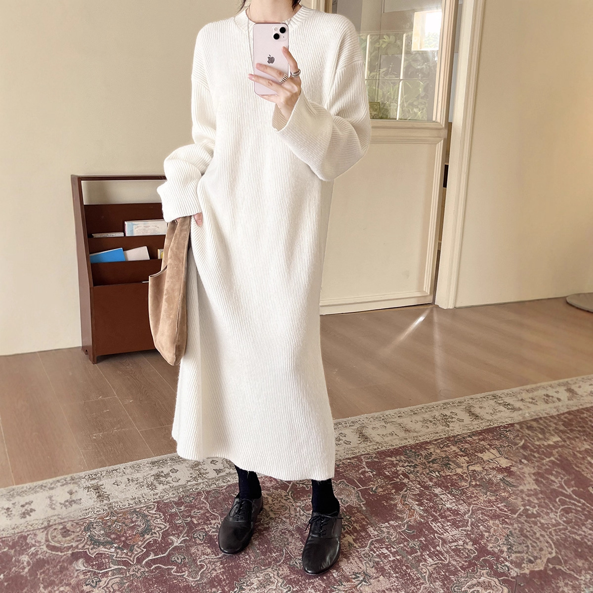 初打十三行冬极简坑条长款毛衣羊毛针织圆领百搭连衣裙女显瘦简约