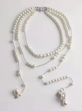 三层不对称施家珍珠毛衣链项链女法式破碎多层感锁骨项链女