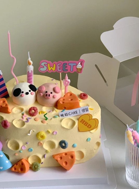 卡通狗狗小猪头奶酪蛋糕装饰摆件冰激凌蜡烛插牌HBD插件SWEET