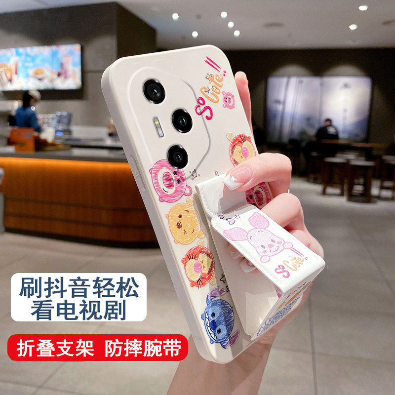 适用于荣耀500Pro手机壳honor400防摔300/200/100Pro女款磁吸支架荣耀90/80/70涂鸦小熊60折叠腕带套硅胶软壳