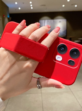 适用于OPPOReno15手机壳14/13/12Pro纯色磁吸支架Reno11/10Pro折叠腕带Reno9/8/7SE/6全包防摔中国红硅胶