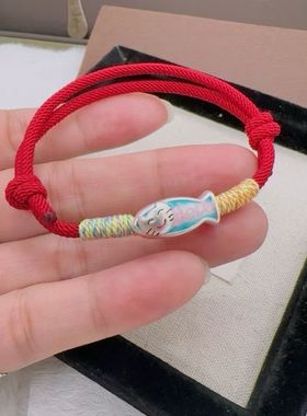 足银999纯银猫鱼手链本命年红绳女款手工编织手绳送女友闺蜜礼物