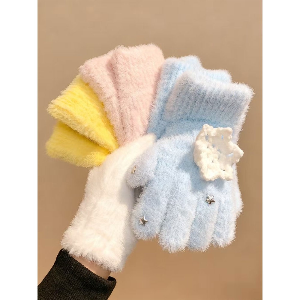 可爱雪花毛绒手套冬季2025新款甜美保暖加厚分指手套学生针织手套