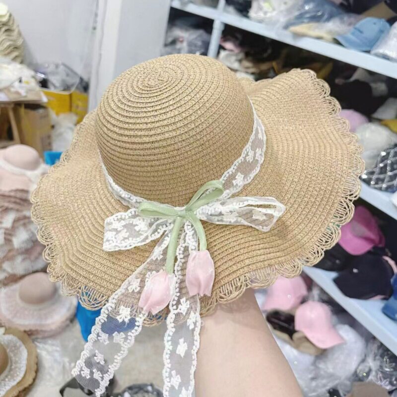 新款夏季防晒遮阳草帽大沙滩帽女户外大檐太阳帽蕾丝飘带檐海波浪
