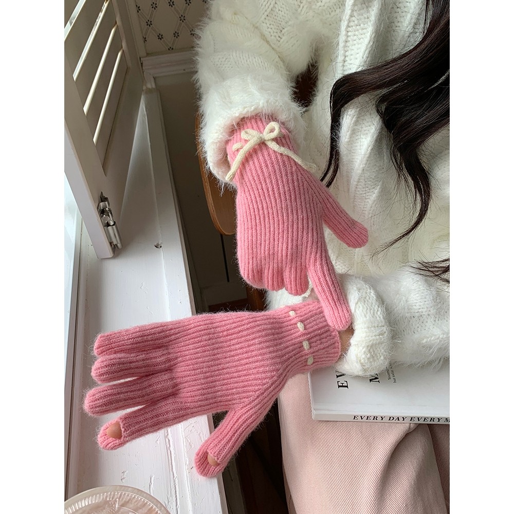 粉色蝴蝶结毛线针织手套女冬季韩版可爱纯色露指可触屏骑行保暖潮