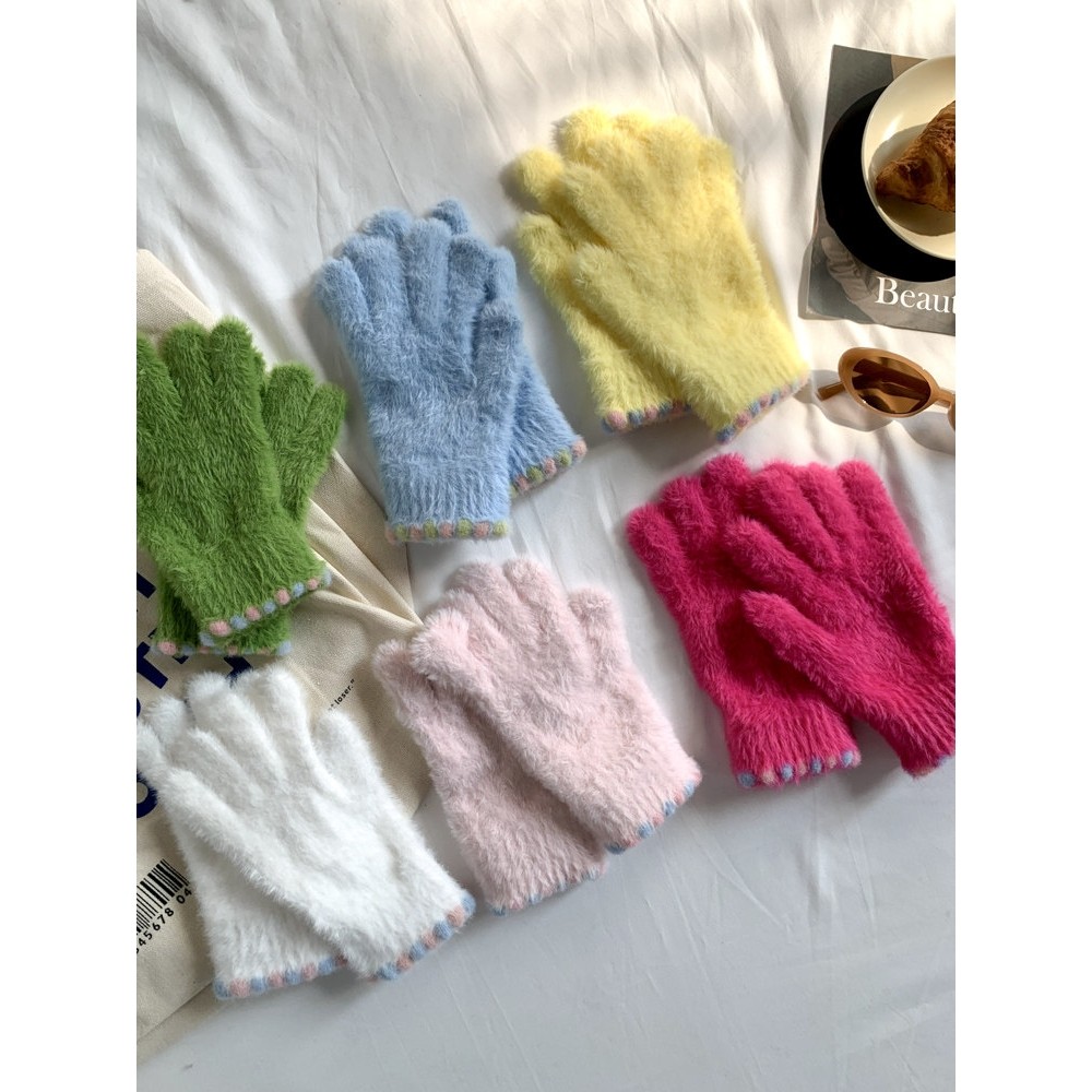 2025新款韩系可爱毛绒手套女冬季加厚保暖防寒露指可触屏手套学生