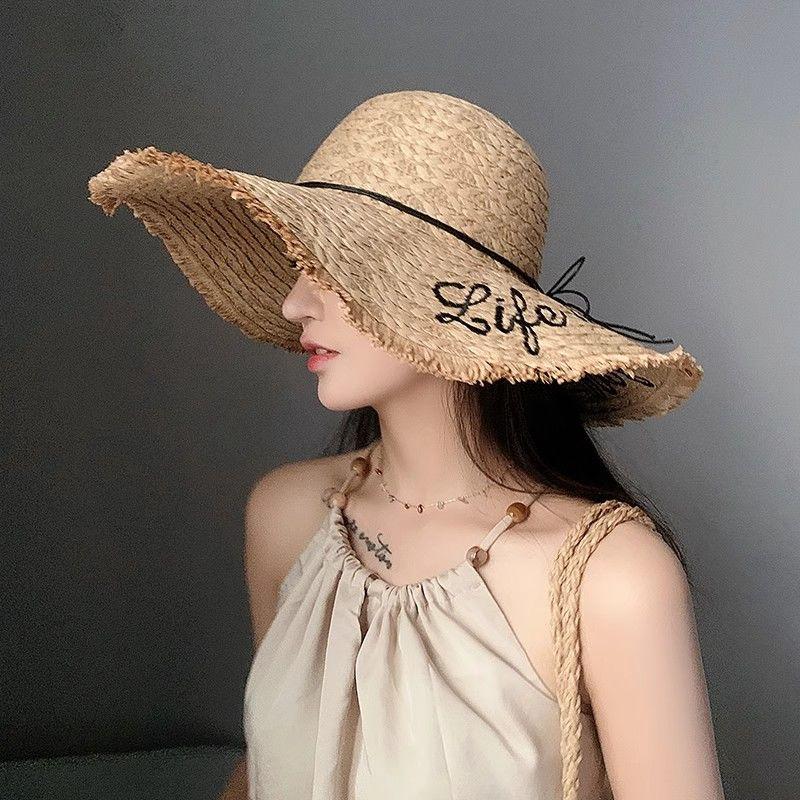 草帽帽子女夏季字母刺绣毛边大沿沙滩太阳帽出游海边度假防晒草帽