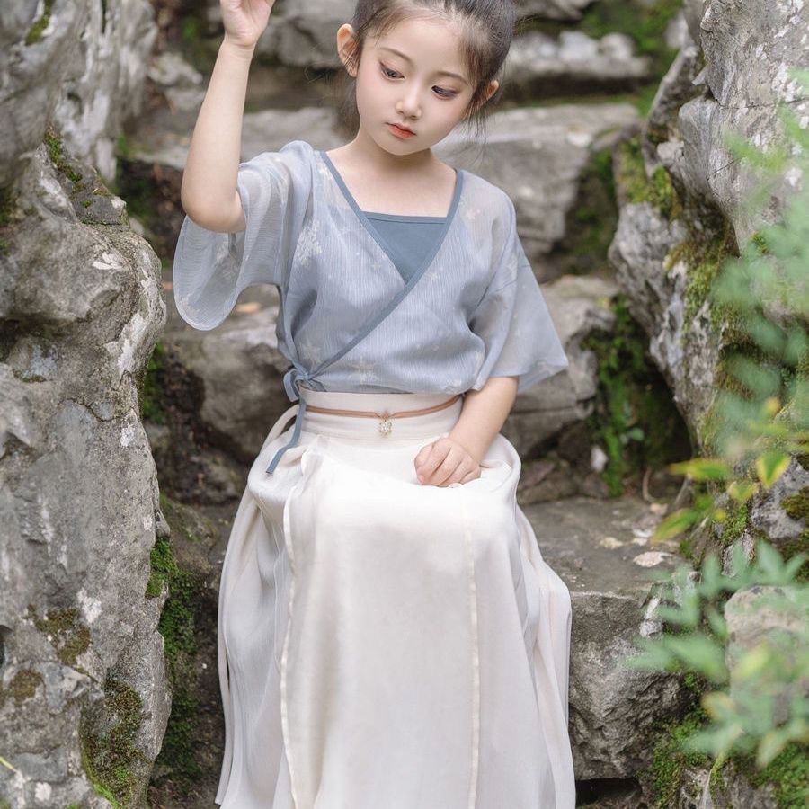三件套简约汉服女童夏短袖古风超仙国风齐宝宝轻薄仙女连衣裙宋制