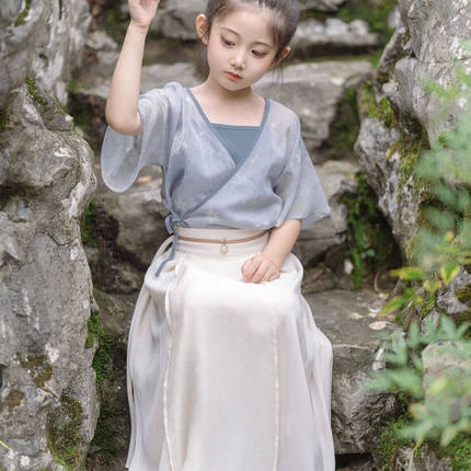 三件套简约汉服女童夏短袖古风超仙国风齐宝宝轻薄仙女连衣裙宋制