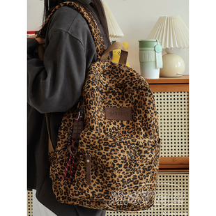 美式 复古豹纹双肩包女旅游轻便大容量小众设计感书包女大学生背包