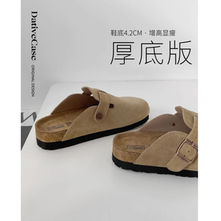 真皮勃肯鞋 外穿钓鱼博肯半拖林肯 厚底拖鞋 女2024春秋新款