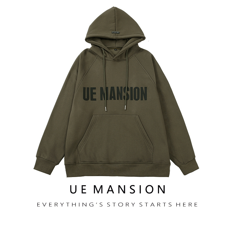 UE MANSION潮牌美式复古秋冬加绒连帽卫衣情侣宽松休闲百搭上衣男