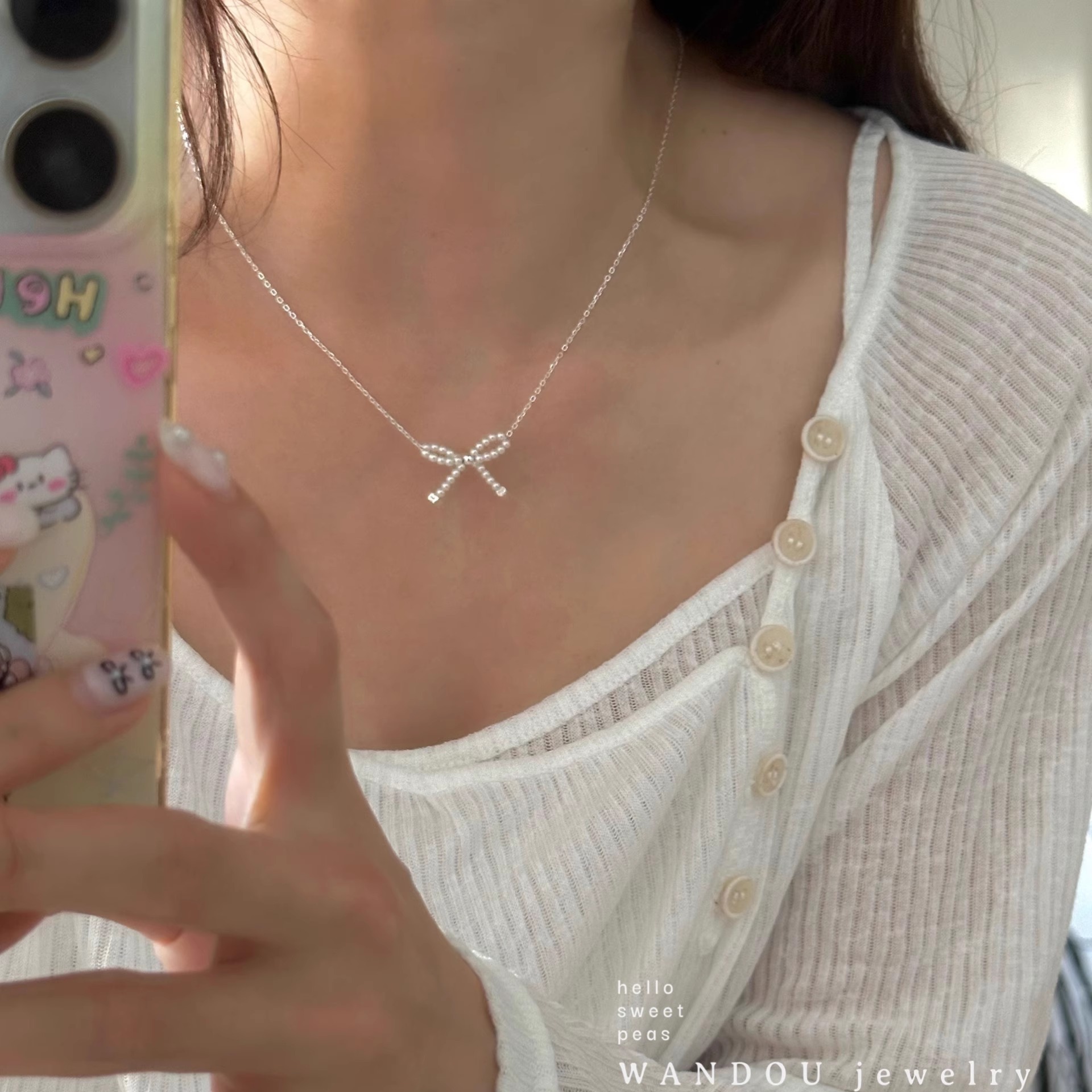 925纯银手工编织施华洛珍珠串珠蝴蝶结吊坠项链女超仙温柔气质感