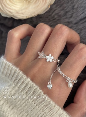 豌豆饰物925银韩国心形珍珠戒指