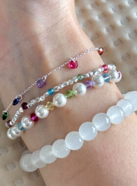 S925纯银彩色华子碎银珍珠手链韩系甜美春夏多巴胺手饰女高颜值