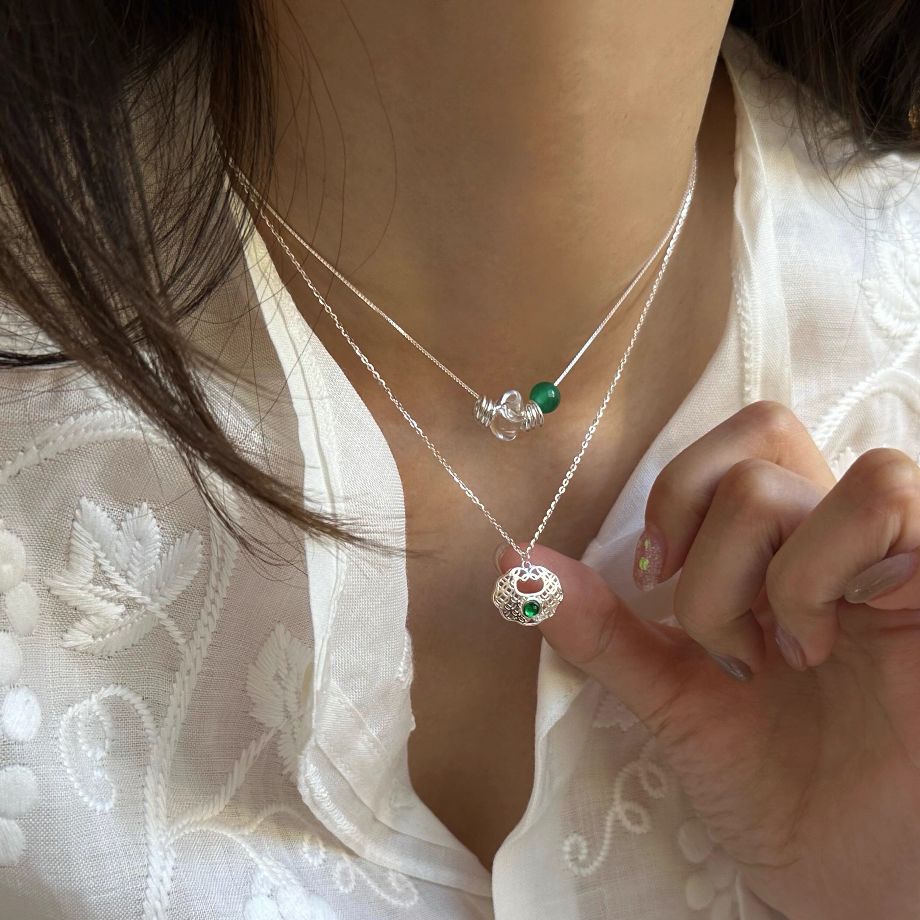 S925绿如意吊坠吉祥如意纯银项链女复古新中式锁包银锁坠生日礼物