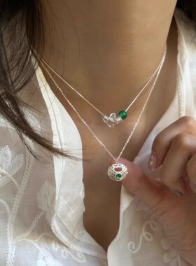 S925绿如意吊坠吉祥如意纯银项链女复古新中式锁包银锁坠生日礼物