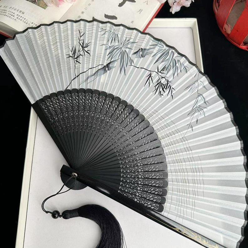 折扇子中国风真丝男小女扇古风汉服折叠水墨竹林7寸旗袍夏季随身