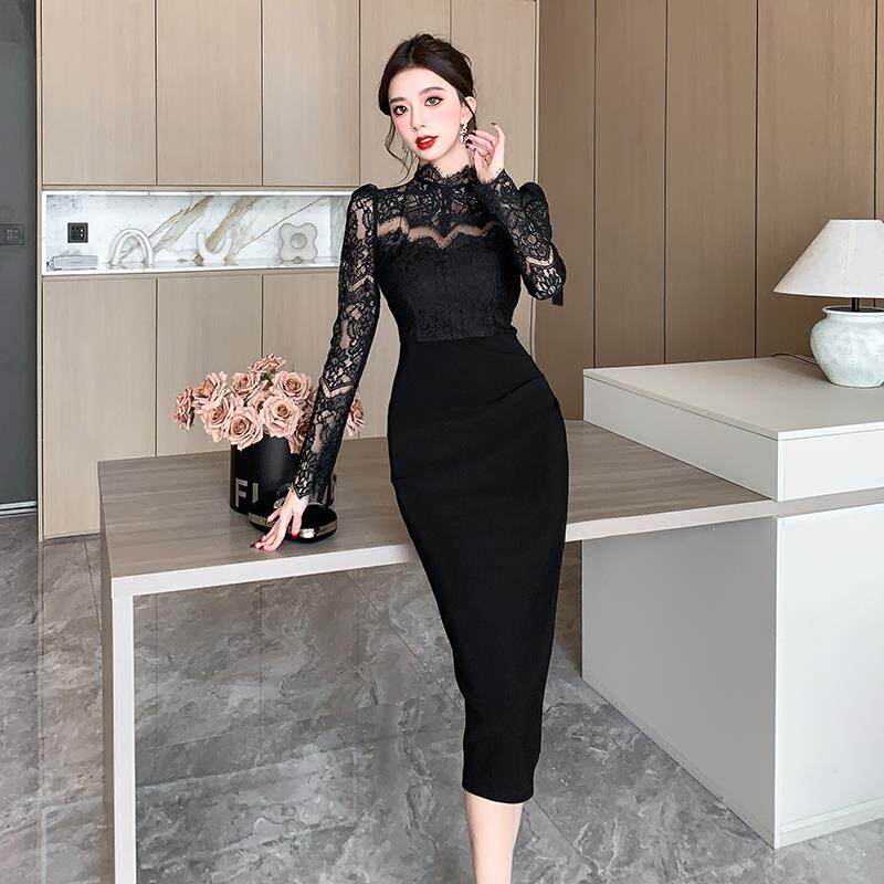 RIERA黑色打底蕾丝拼接连衣裙女秋冬性感修身长袖包臀裙御姐晚礼