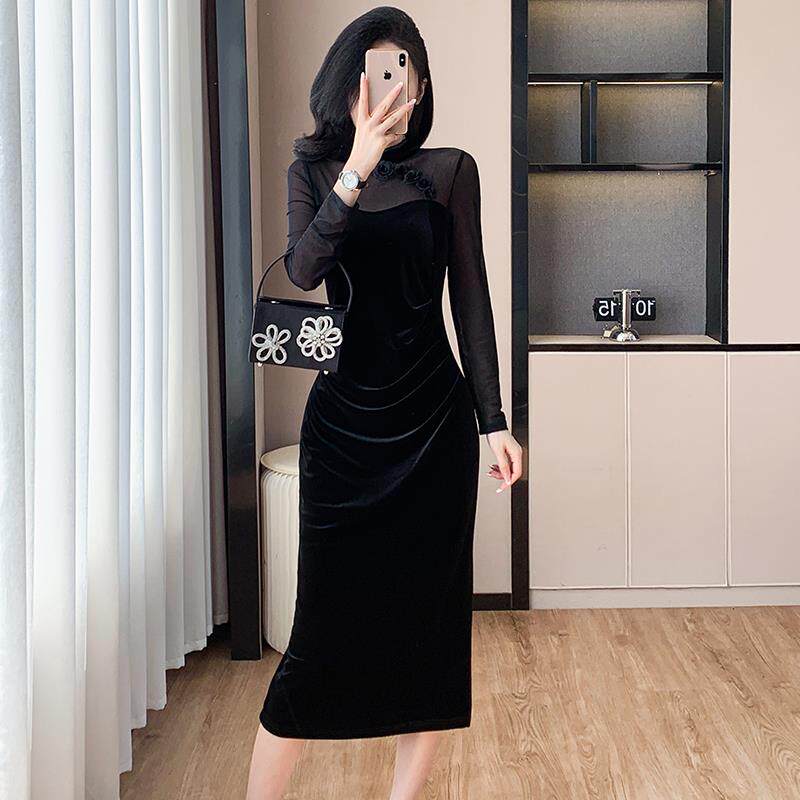 RIERA长袖黑色丝绒晚礼服女秋冬高级设计感网纱拼接开叉改良旗袍
