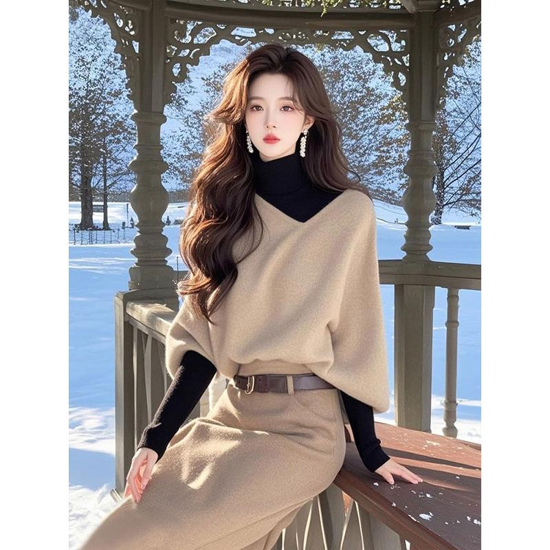 JOYIASS设计感轻奢风燕麦色假两件针织上衣高腰半身裙时尚洋气减