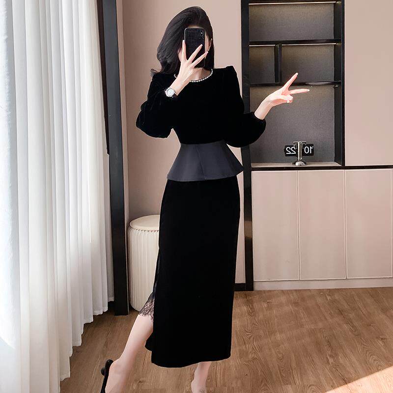 RIERA高级感法式丝绒上衣半身裙套装女秋冬轻奢气质名媛风包臀裙
