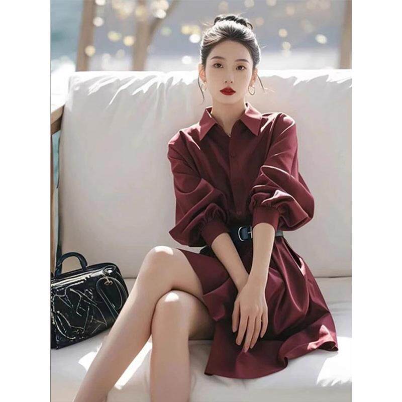 JOYIASS红色翻领长袖衬衫连衣裙秋装出席重要场合的减龄气场强大