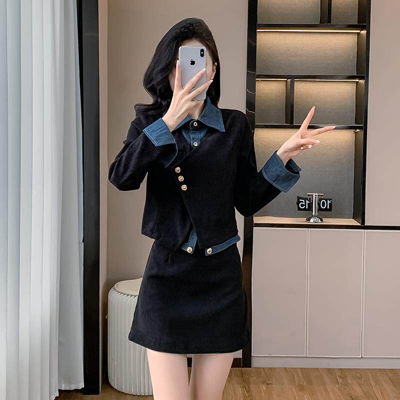 RIERA赫本法式高级感套装裙女秋冬不规则拼接假两件上衣高腰半裙