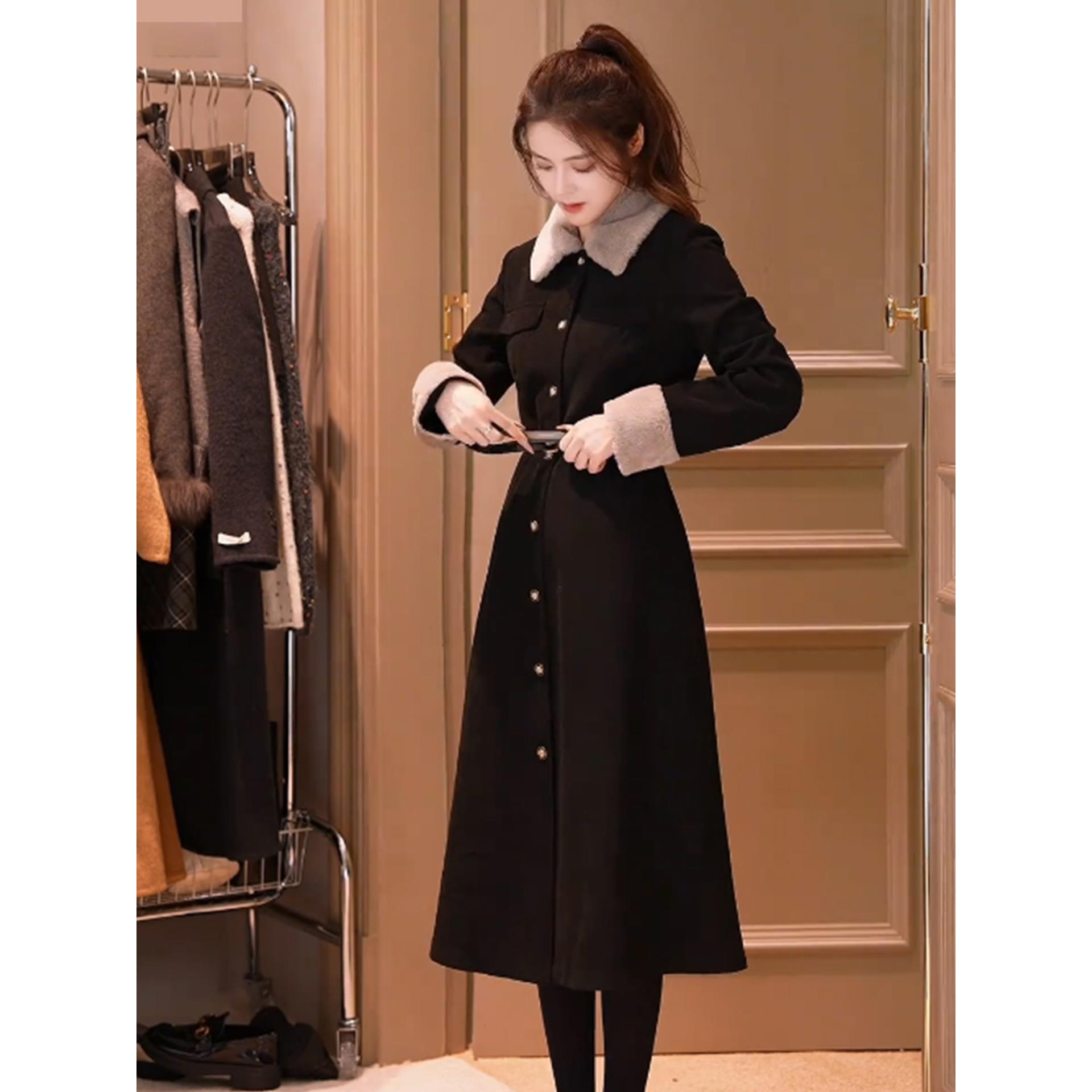 JOYIASS法式千金风气质中长款黑色外套女装2025秋冬新款高级御姐