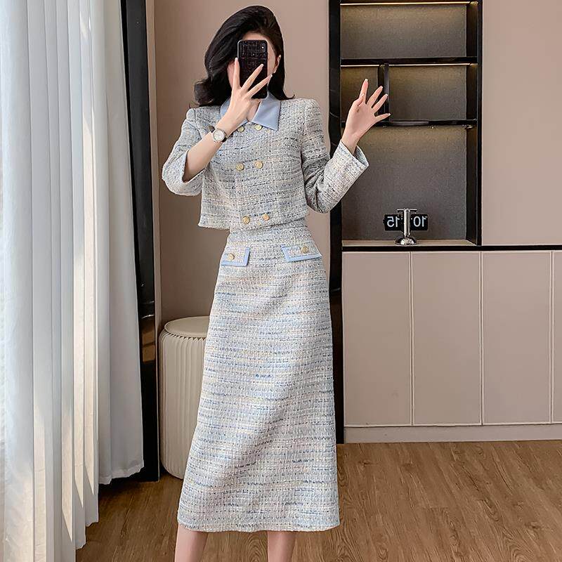 RIERA富家千金穿搭小香风套装裙女秋冬盐系名媛风短款外套半身裙