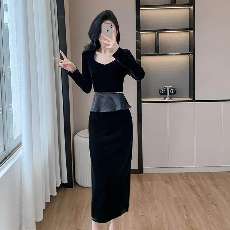 RIERA法式高级感假两件黑色丝绒连衣裙女秋冬气质名媛荷叶边长款