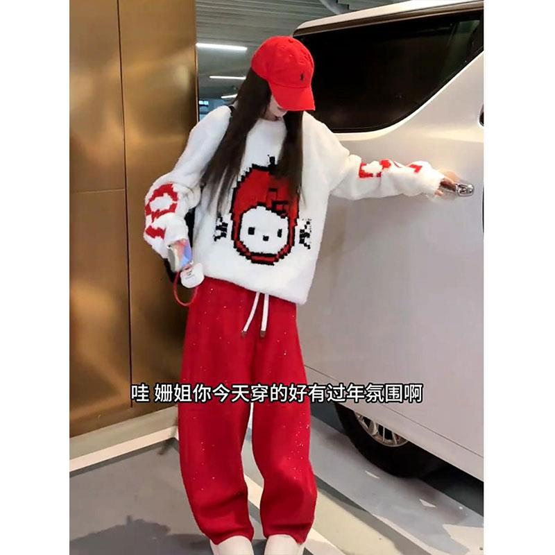 JOYIASS2024冬季新款慵懒风软糯针织衫女卡通图案套头毛衣宽松休