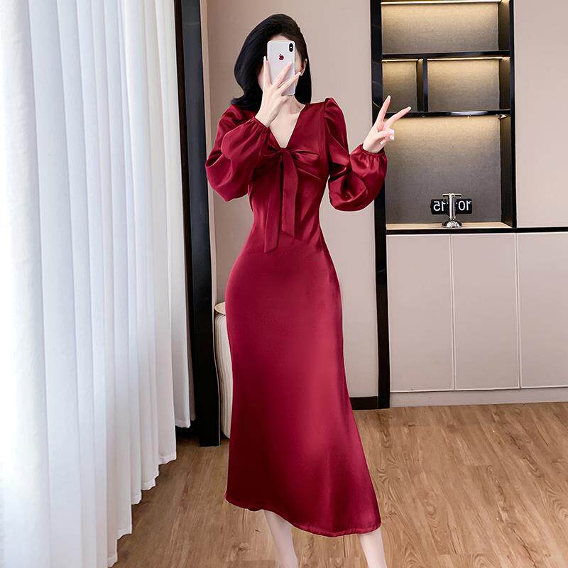 RIERA高级感名媛晚礼服长袖蝴蝶结连衣裙女秋冬风情万种御姐风初
