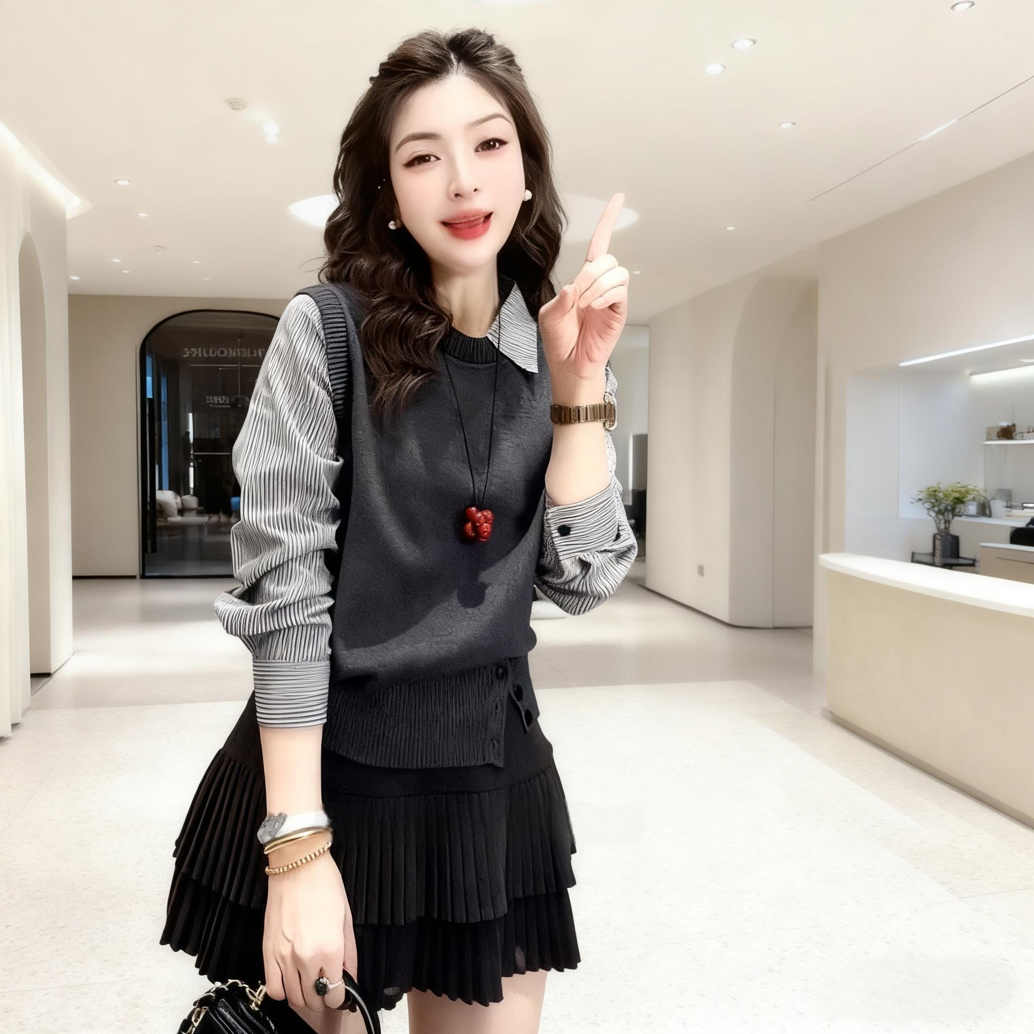 JOYIASS高级感假两件条纹衬衫拼接上衣女秋冬季2025新款黑色半身