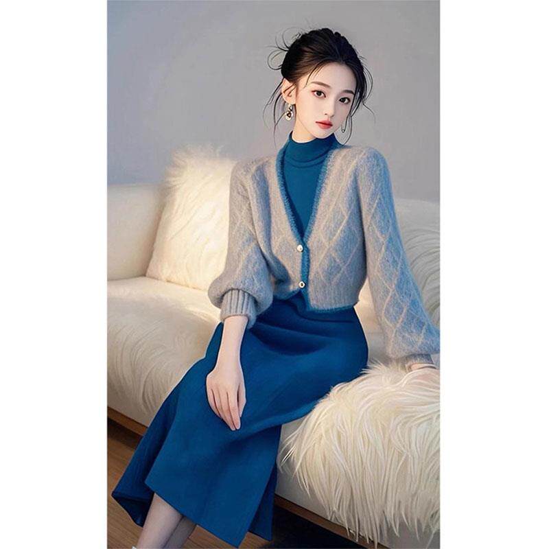 JOYIASS独特绝美小香风蓝色毛衣针织连衣裙套装开秋季高级感穿搭