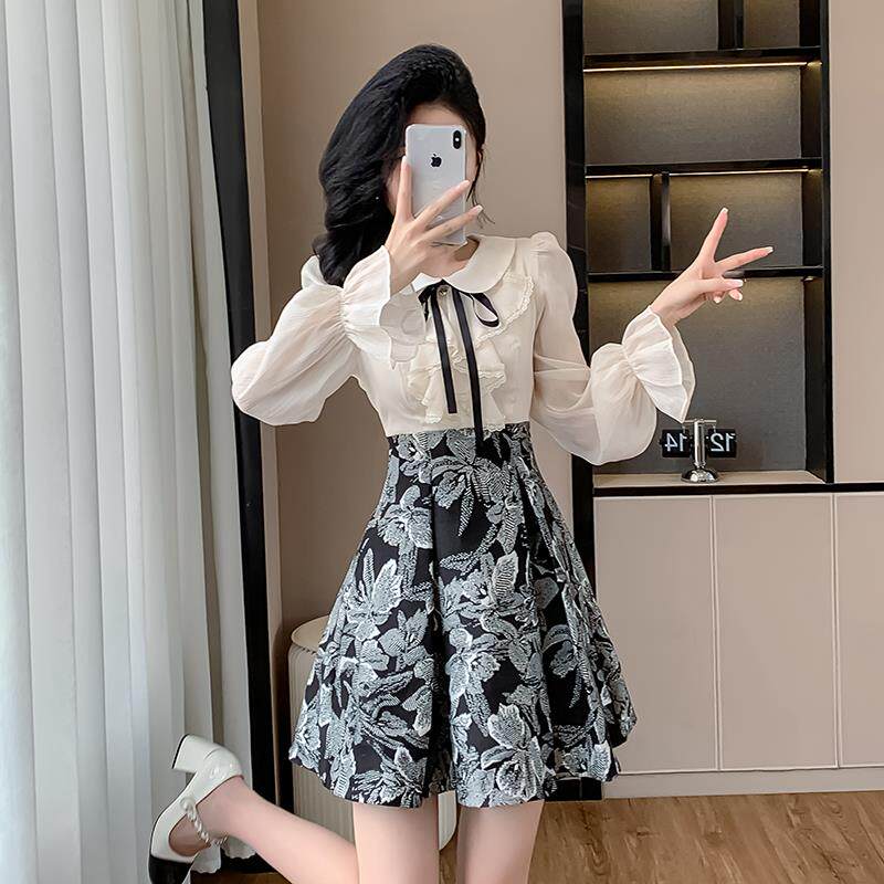 RIERA千金风法式衬衫假两件连衣裙女装早秋甜美减龄长袖高级提花a