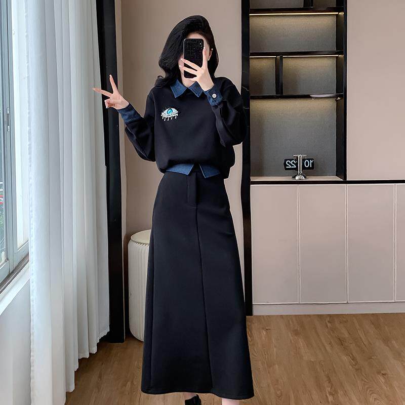 RIERA黑色入秋休闲穿搭套装裙女秋冬高级感假两件卫衣长款半身裙