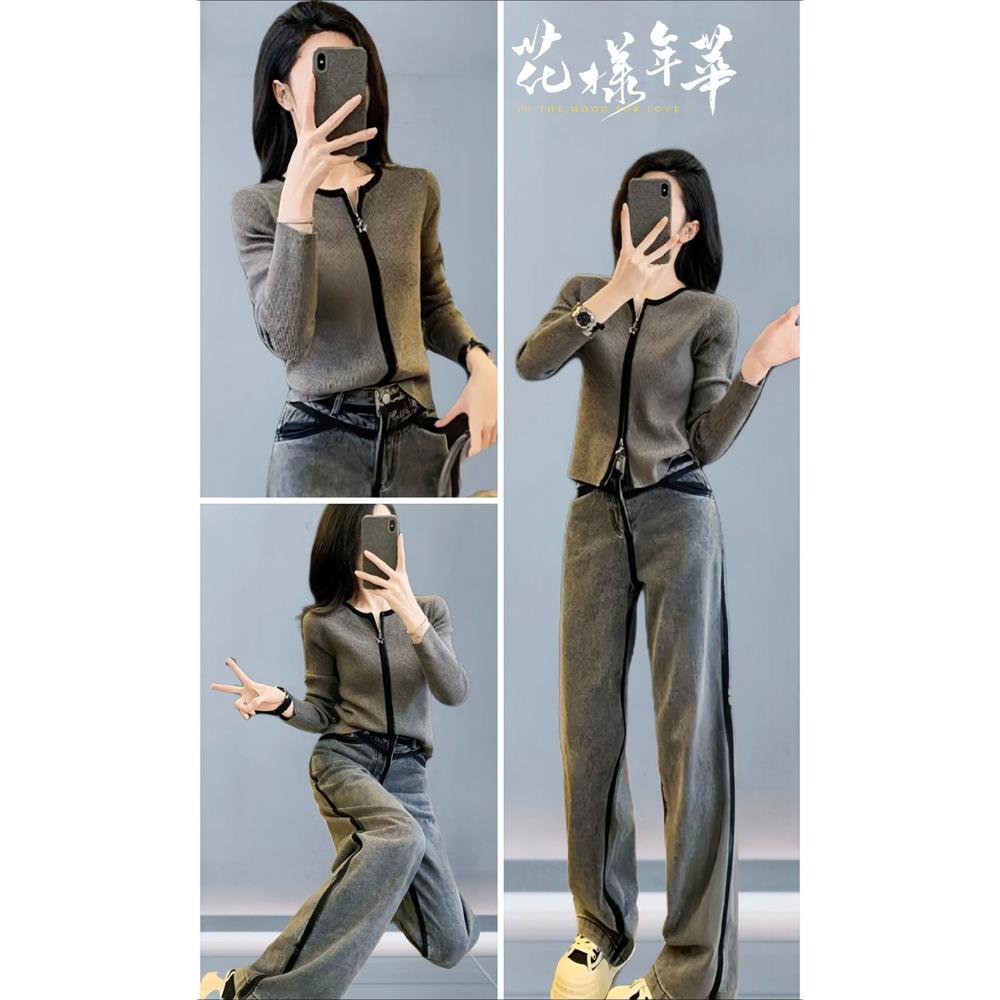 JOYIASS今年流行秋冬季新款套装女减龄长袖针织衫高腰牛仔长裤打