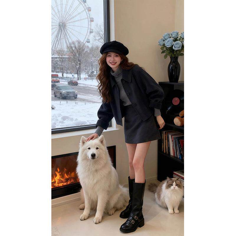 JOYIASS冬装搭配一整套高级感黑色短款外套搭配针织毛衣半身裙三